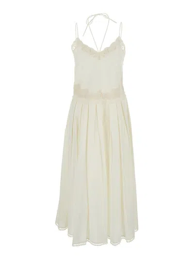 Twinset White Dress With V Neck And All-over Lace Embroidery In Cotton Woman