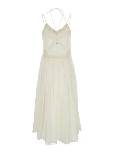Twinset White Dress With V Neck And All-over Lace Embroidery In Cotton Woman