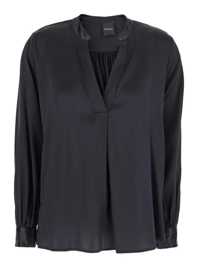 PLAIN BLACK BLOUSE WITH V NECK AND BUTTONED CUFFS IN SILK WOMAN 