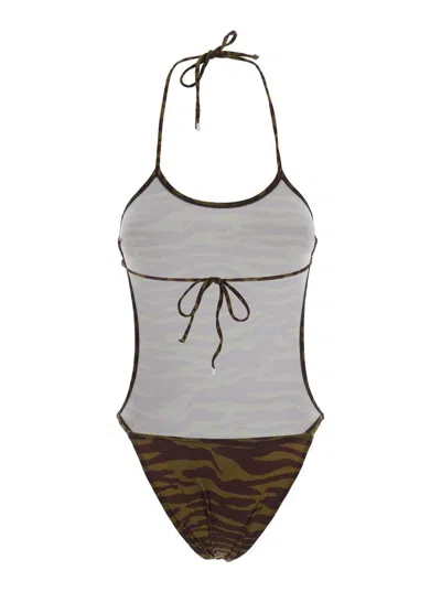 Attico Green Swimsuit With Halterneck With Tie And All-over Print In Tech Fabric Stretch Woman