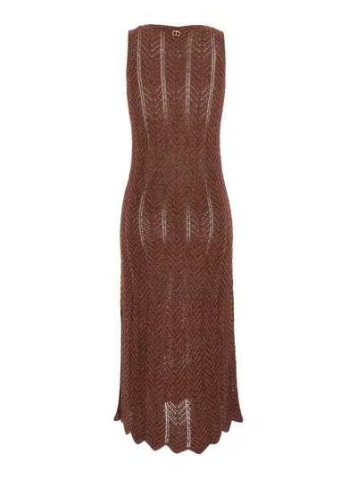 Twinset Brown Sleeveless Long Dress With V Neck And Logo Plaque On The Rear In Viscose Blend Woman