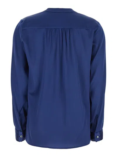 Plain Blue Blouse With V Neck And Buttoned Cuffs In Silk Woman