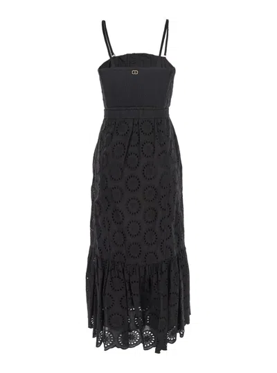 Twinset Black Dress With Removable Straps And Broderie Anglaise In Cotton Woman