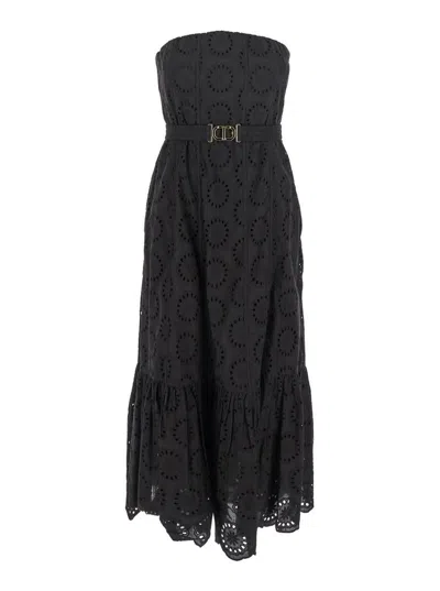 Twinset Black Dress With Removable Straps And Broderie Anglaise In Cotton Woman