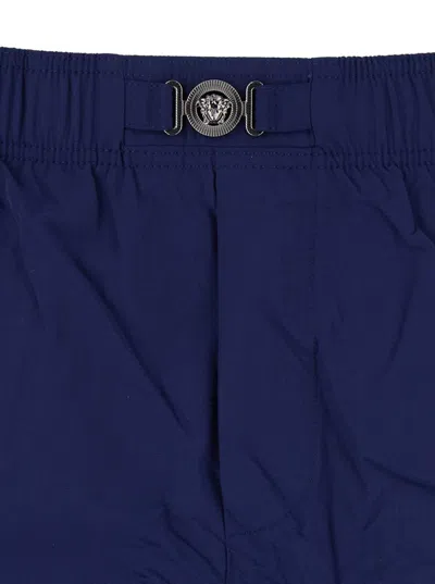 Versace Blue Swim Shorts With Elastic Waist And Medusa Plaque On The Front In Tech Fabric Man