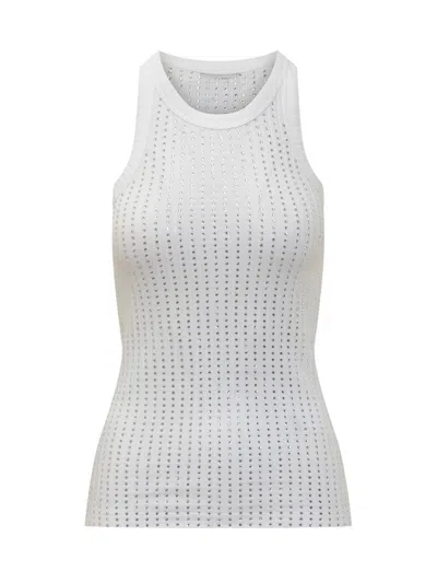 Attico White Tank Top With Multicolor Rhinestone In Jersey Woman