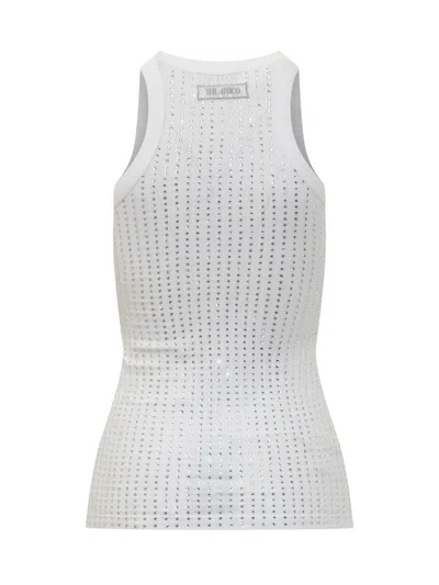 Attico White Tank Top With Multicolor Rhinestone In Jersey Woman