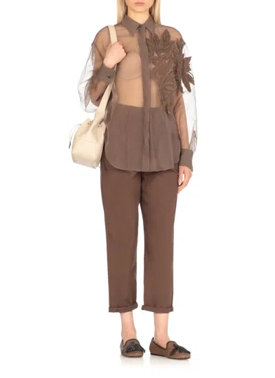 Brunello Cucinelli Brown Shirt With Semi-transparent Design And Embroidery On The Front In Silk Woman In Brown