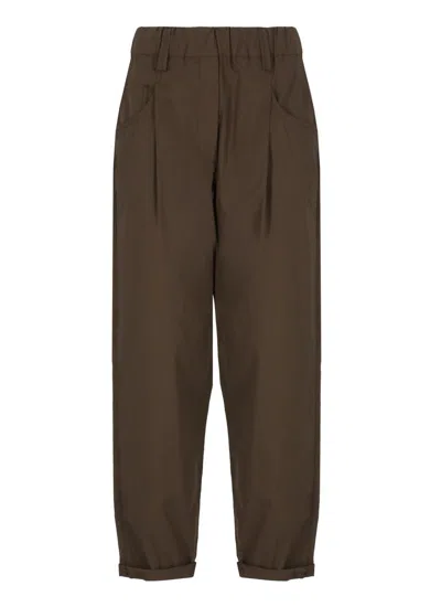 Brunello Cucinelli Brown Cotton Pants With Elastic High Waist