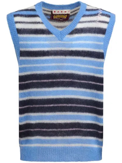 Marni Mens Striped-print V-neck Relaxed-fit Wool-blend Vest Blue Lilac