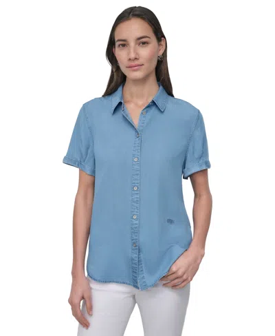Dkny Jeans Women's Rolled-sleeve Button-up Shirt In Blue