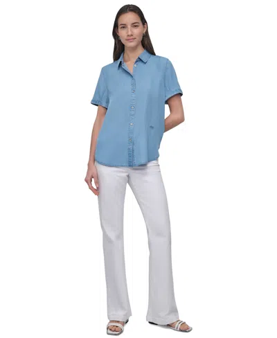 Dkny Jeans Women's Rolled-sleeve Button-up Shirt In Blue