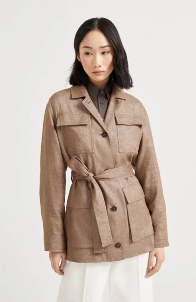 Brunello Cucinelli Brown Jacket With Notched Revers And Front Closure With Bow In Linen Blend Woman