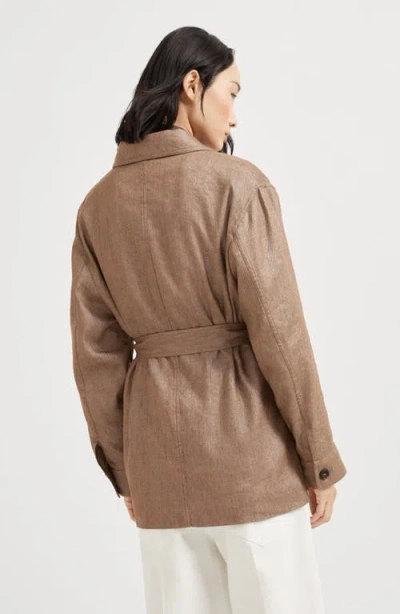 Brunello Cucinelli Brown Jacket With Notched Revers And Front Closure With Bow In Linen Blend Woman