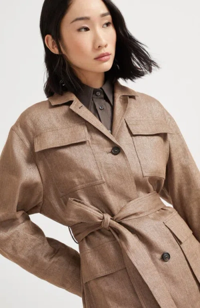Brunello Cucinelli Brown Jacket With Notched Revers And Front Closure With Bow In Linen Blend Woman