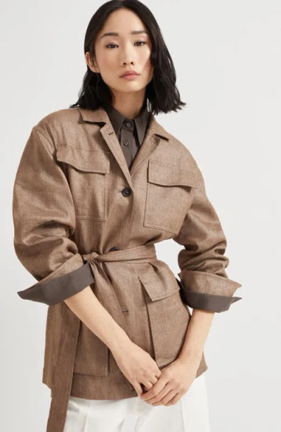 Brunello Cucinelli Brown Jacket With Notched Revers And Front Closure With Bow In Linen Blend Woman
