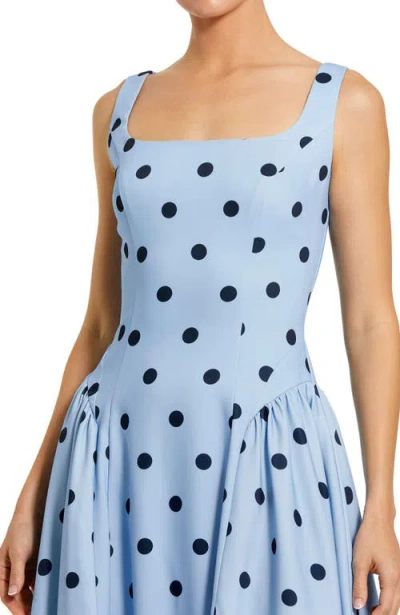 Mac Duggal Polka Dot A-line Midi Dress With Square Neck And Ruffle Gussets