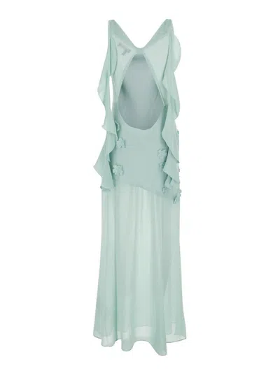 Shop Rotate Birger Christensen 'waterfall' Light Blue Long Dress With All-over Floral Patches In Tech Fabric Woman
