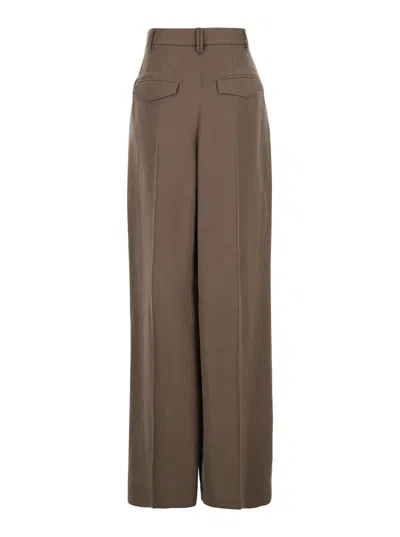 Brunello Cucinelli Brown Pants With Pleated Details In Linen Blend Woman