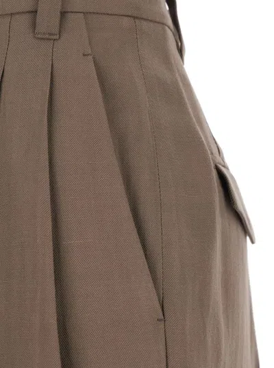 Brunello Cucinelli Brown Pants With Pleated Details In Linen Blend Woman