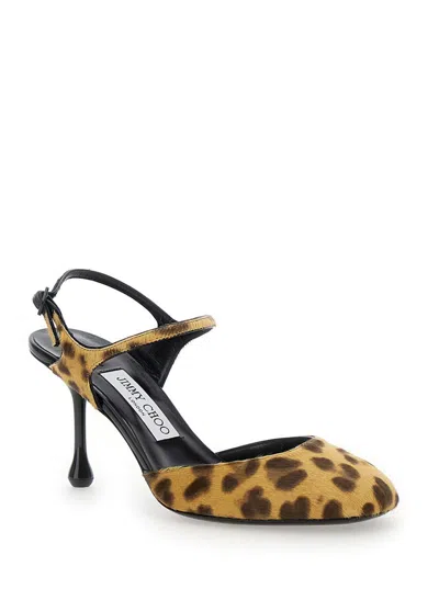 Jimmy Choo 'pixie' Brown Pumps With High Sculpted Heel And All-over Leopard Print