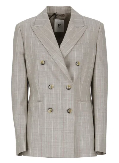 Pt Torino Beige Virgin Wool Double-breasted Blazer With All-over Check Pattern