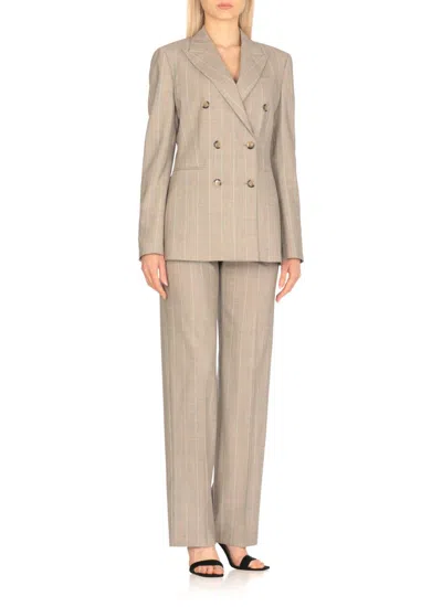 Pt Torino Beige Virgin Wool Double-breasted Blazer With All-over Check Pattern