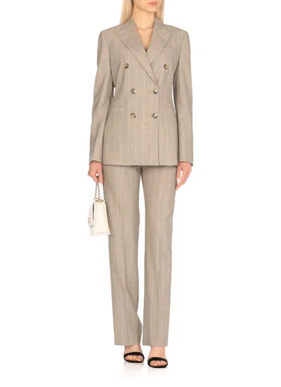 Pt Torino Beige Virgin Wool Double-breasted Blazer With All-over Check Pattern