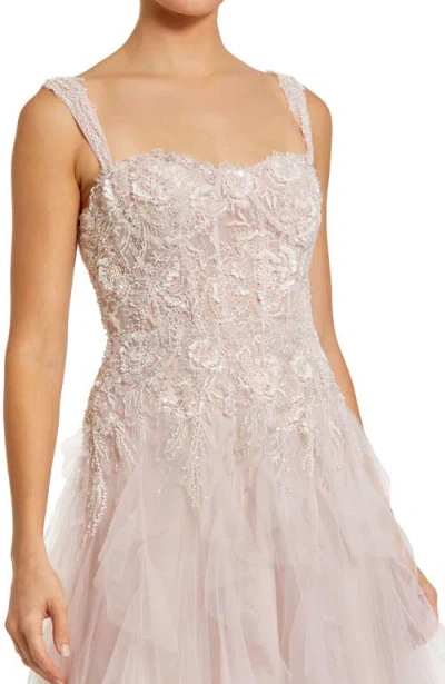 Mac Duggal Thin Strap Bustier Tulle Gown With Ruffle Skirt