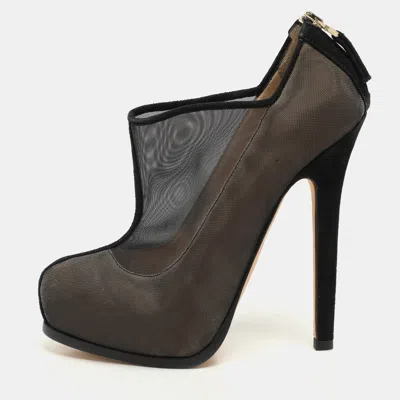 Pre-owned Fendi Black/beige Mesh And Suede Platform Booties Size 37