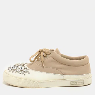 Pre-owned Miu Miu Beige/white Canvas And Rubber Crystal Embellished Cap Toe Sneakers Size 36.5