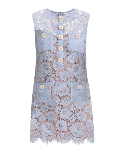 Self-portrait Blue Crewneck Mini Dress With All-over Lace Embroidery And Scallop Hem In Cotton Blend Woman