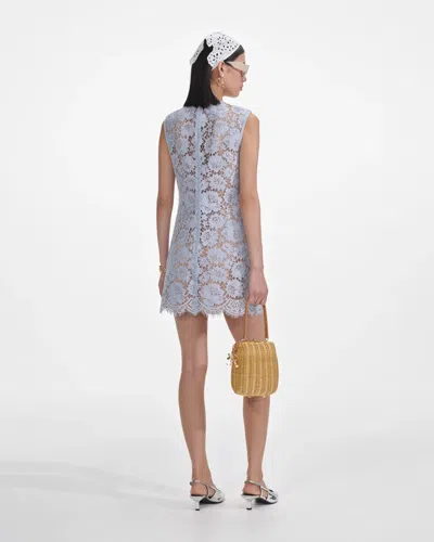 Self-portrait Blue Crewneck Mini Dress With All-over Lace Embroidery And Scallop Hem In Cotton Blend Woman