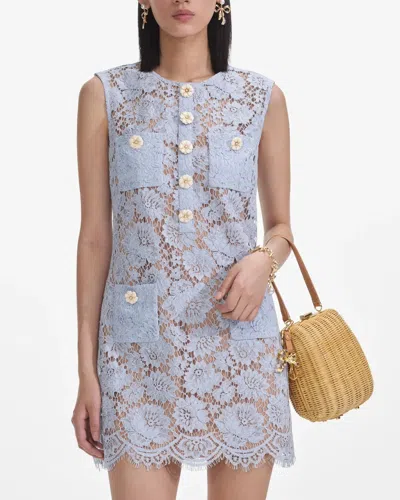 Self-portrait Blue Crewneck Mini Dress With All-over Lace Embroidery And Scallop Hem In Cotton Blend Woman
