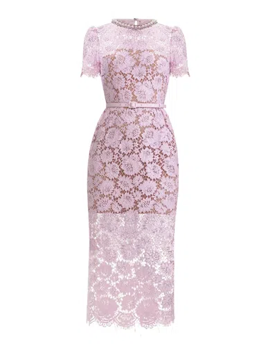 Self-portrait Pink Crewneck Midi Dress With All-over Lace Embroidery And Jewel Embellishment On The Collar