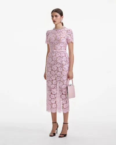 Self-portrait Pink Crewneck Midi Dress With All-over Lace Embroidery And Jewel Embellishment On The Collar
