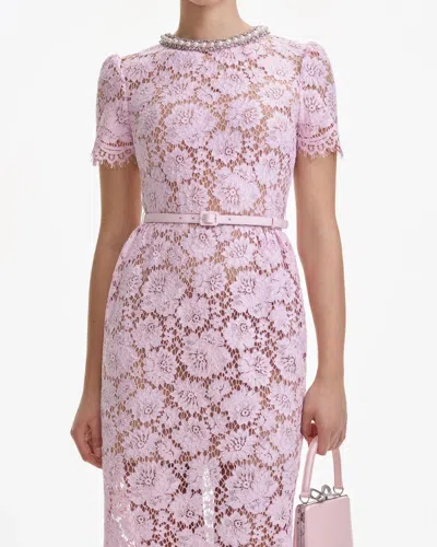 Self-portrait Pink Crewneck Midi Dress With All-over Lace Embroidery And Jewel Embellishment On The Collar