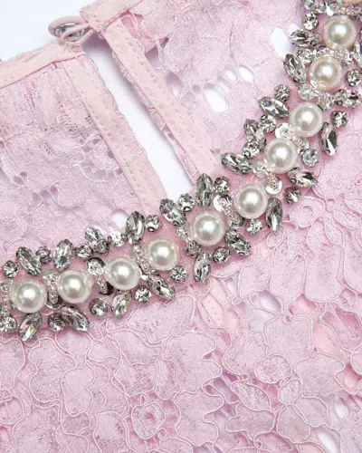 Self-portrait Pink Crewneck Midi Dress With All-over Lace Embroidery And Jewel Embellishment On The Collar