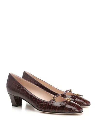Valentino Brown Crocodile Effect Calfskin Pumps With Bow And Medium Heel