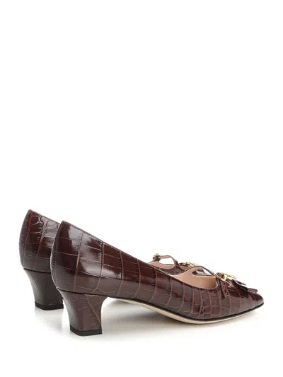 Valentino Brown Crocodile Effect Calfskin Pumps With Bow And Medium Heel