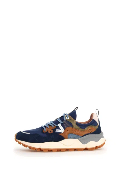 Flower Mountain Beige And Blue Ripstop Fabric Sneakers