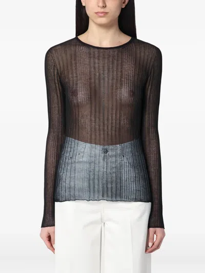Roberto Collina Sheer Fabric Round Neck Ribbed Texture In Black
