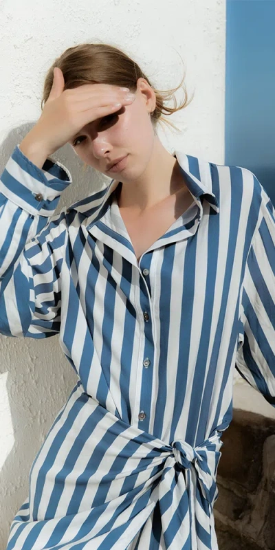 Anemos L.a. Button-down Wrap Mini Dress In Striped Stretch Twill In Blue