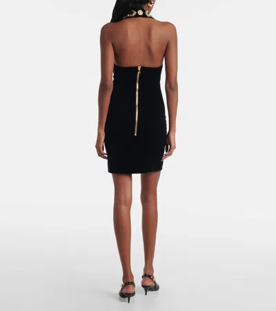 Balmain Faux Pearl-embellished Velvet Minidress In Blue