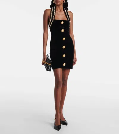 Balmain Faux Pearl-embellished Velvet Minidress In Blue
