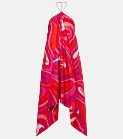 Pucci Silk Marmo Print Asymmetric Midi Dress