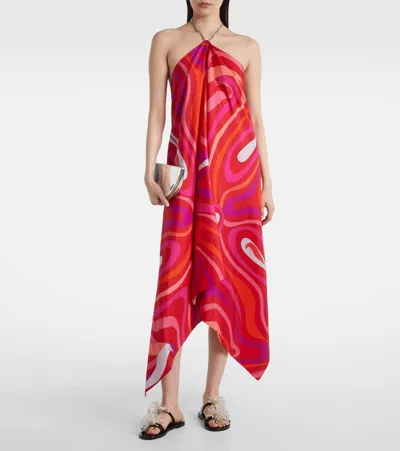 Pucci Silk Marmo Print Asymmetric Midi Dress