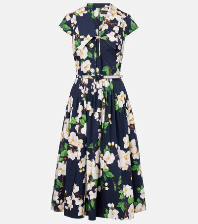 Oscar De La Renta Cherry Blossom Cotton Poplin Pleated Dress In Black