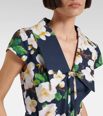 Oscar De La Renta Cherry Blossom Cotton Poplin Pleated Dress In Black