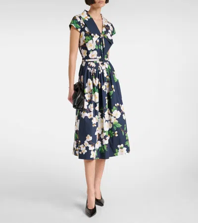 Oscar De La Renta Cherry Blossom Cotton Poplin Pleated Dress In Black
